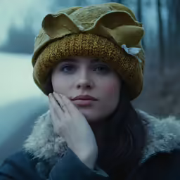 a woman with a hat looking off to the right