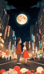two people looking at each other while they stand under the moon