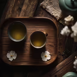 two cups of tea sitting on top of a wooden tray
