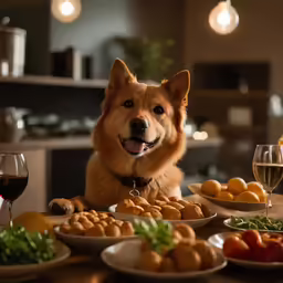 there is a dog sitting in front of the food