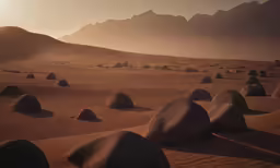 sand and rocks in a sandy desert area at sunset