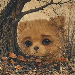 an art work of a small brown teddy bear with big eyes and branches surrounding it