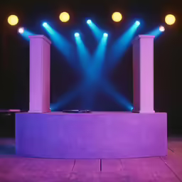 purple counter with light beams and sound equipment in front