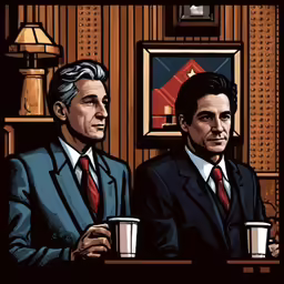 two men sit together at a table with cups