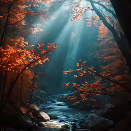 sunlight shining through trees onto a stream running between rocks