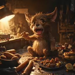 a stuffed animal on a table surrounded by food