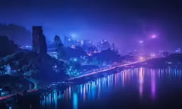 a view of a town from across the water at night