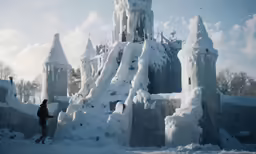 a snow - covered castle is standing in front of some people