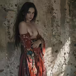 a woman wearing a dress with a cross body, in the woods