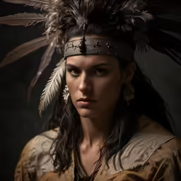 a woman wearing native clothing with feathers and earrings
