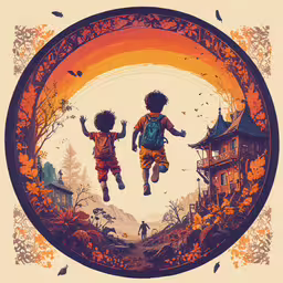children are jumping in a graphic style,an image of two kids in the air with their arms outstretched and two people standing in front