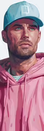 a digital painting of a young man wearing a hat,a man with a baseball cap and pink hoodie looking off to the side