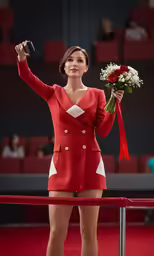a woman in red is holding a bouquet and smiling