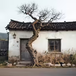 a house with a tree leaning over the door