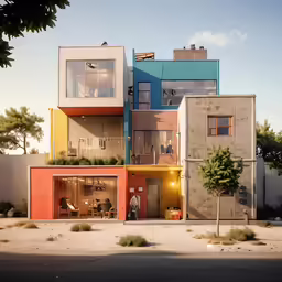 two people standing on the balcony next to two multicolored building