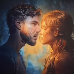 a couple looking into each others eyes and a star filled sky