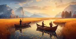 the two people are sitting in the small boats