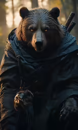 a bear with guns and armor on is standing in the forest