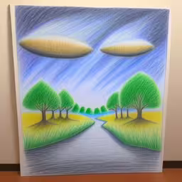 /tmp/FOOrCwNbu.jpg = a drawing of trees and clouds next to a lake
,/tmp/FOOrCwNbu.jpg = a painting of two yellow ovals floating on the water
,/tmp/FOOrCwNbu.jpg = an artistic drawing of two trees and a path
,/tmp/FOOrCwNbu.jpg = this is a drawing of trees that are growing in the grass
,/tmp/FOOrCwNbu.jpg = a painting with two trees and clouds above a river
,/tmp/FOOrCwNbu.jpg = drawing depicting two trees and a lake
,/tmp/FOOrCwNbu.jpg = an artistic drawing of trees in a landscape
