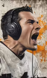 the man is wearing headphones with a screaming look on his face