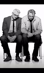 two men are sitting on a table in a black and white photo