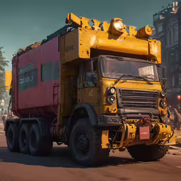 a yellow truck driving down a road next to buildings,an old yellow truck parked in the street