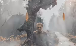 a man standing next to a tree in the fog