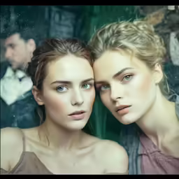 two girls sitting next to each other while looking into a mirror