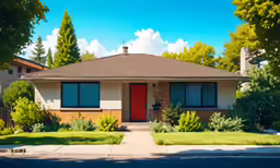 a house sitting on the corner with a big window