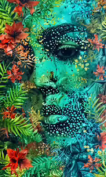 a painting of a person in a blue face surrounded by flowers