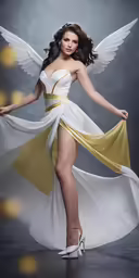a woman in a white and yellow dress
