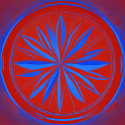 a painting of a red circle and blue flower,the red and blue image has been placed over another painting