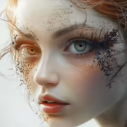 a close - up photo of a beautiful woman with splattered makeup