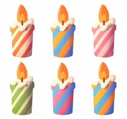 a close up of six candles with one lit