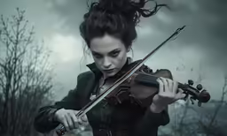a woman holding a violin while standing on the grass