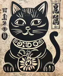 an artistic poster of a cat on a wall,a cat in a painting with asian writing on the back of it