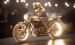 a futuristic helmeted man riding a gold motorcycle
