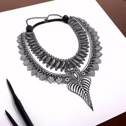 an art work showing the intricate details on a necklace,a drawing of a necklace with leaves on it