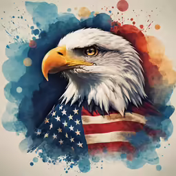 a close up of an eagle with an american flag
