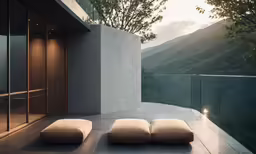 a big balcony with a couple of small tan cushions