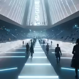 many people walking around in a very dimly lit building