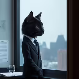 a cat in a suit and tie in a window