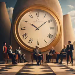 a group of people in suits are sitting around a giant clock