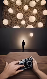 a person holding a camera in front of a wall made out of rocks