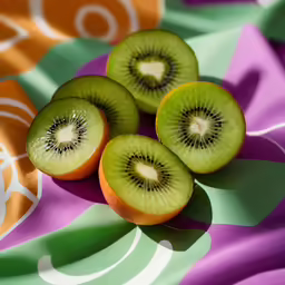 three kiwi slices are shown together on the table
