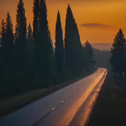 a rural road in the evening is lined with tall trees