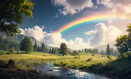 a rainbow appears over the green, grassy landscape