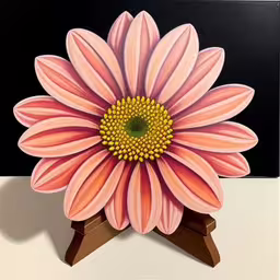 a painted picture of a pink flower with petals,a painting with a flower on a wooden stand