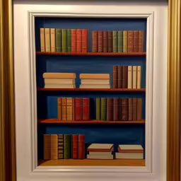 an image of a painting of books on display,framed bookshelves with a picture and one containing two different books,the painting is framed in a gold frame,a painting with a shelf full of books,a painting of books on a shelf