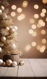 a small tree is set up with ornaments